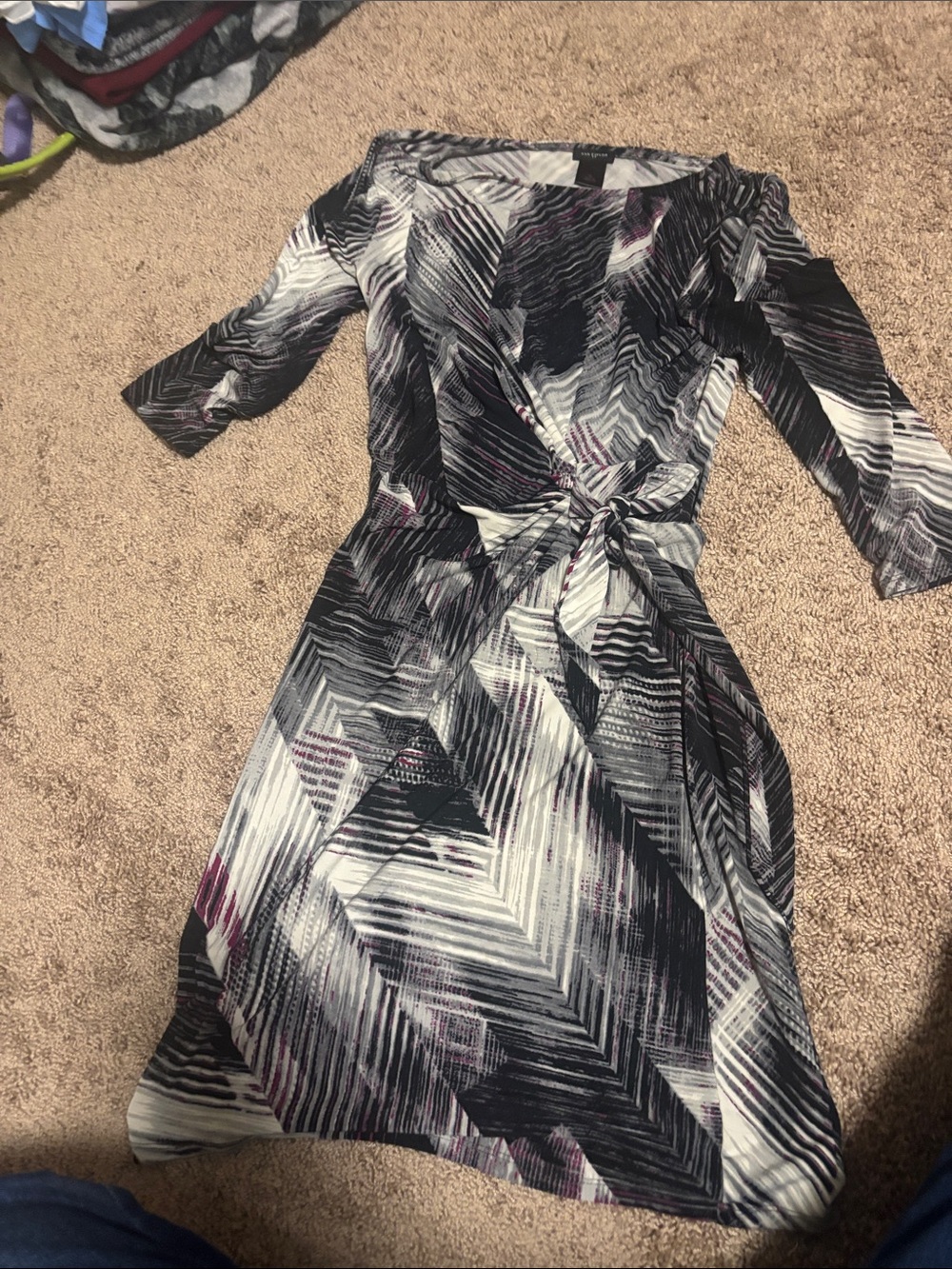 Ann Taylor Black, White & Purple Geometric Wrap Dress